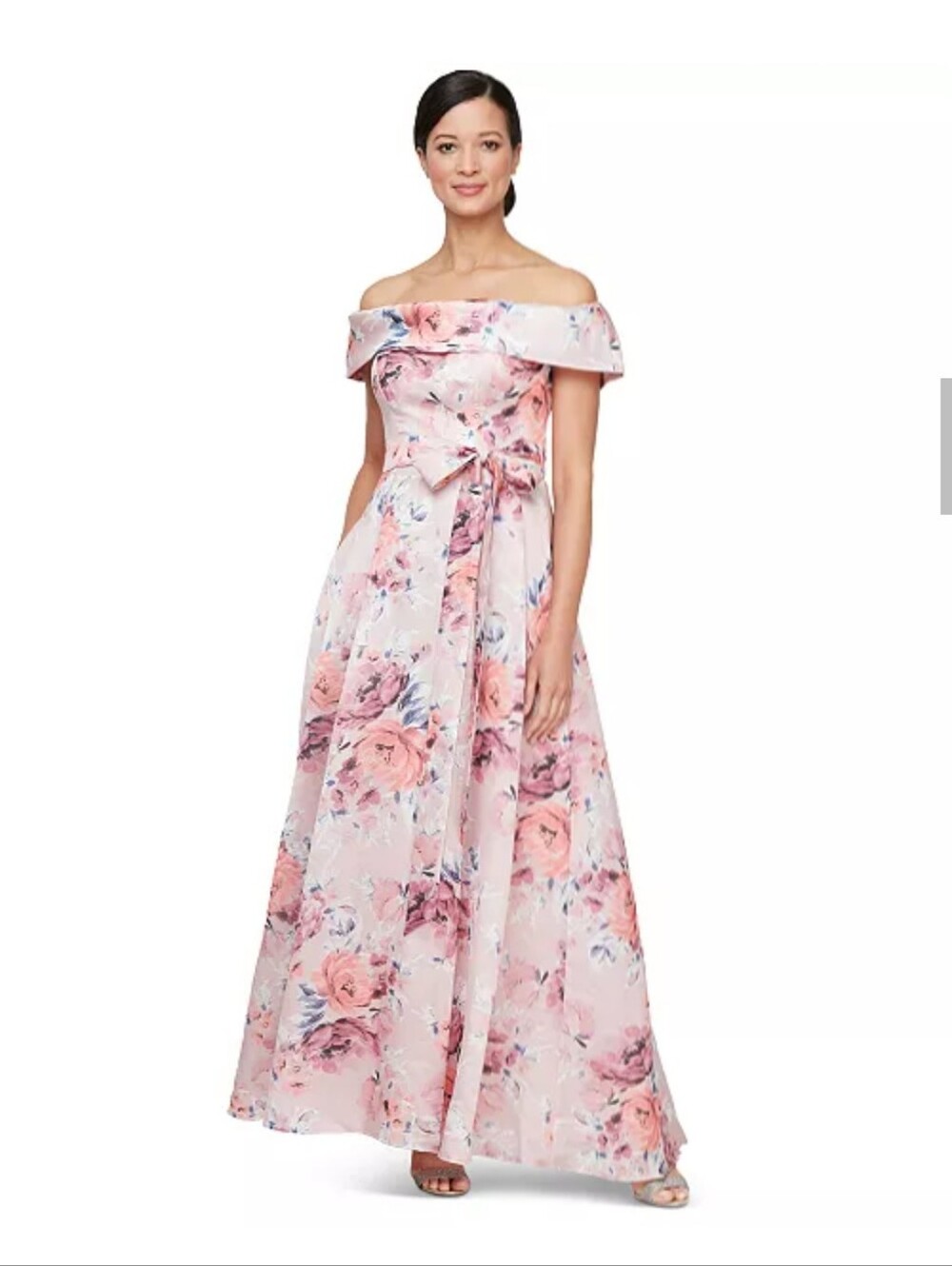NWT Alex Evenings Floral Off Shoulder Maxi Dress Size 10 Blush Multi Belt $249